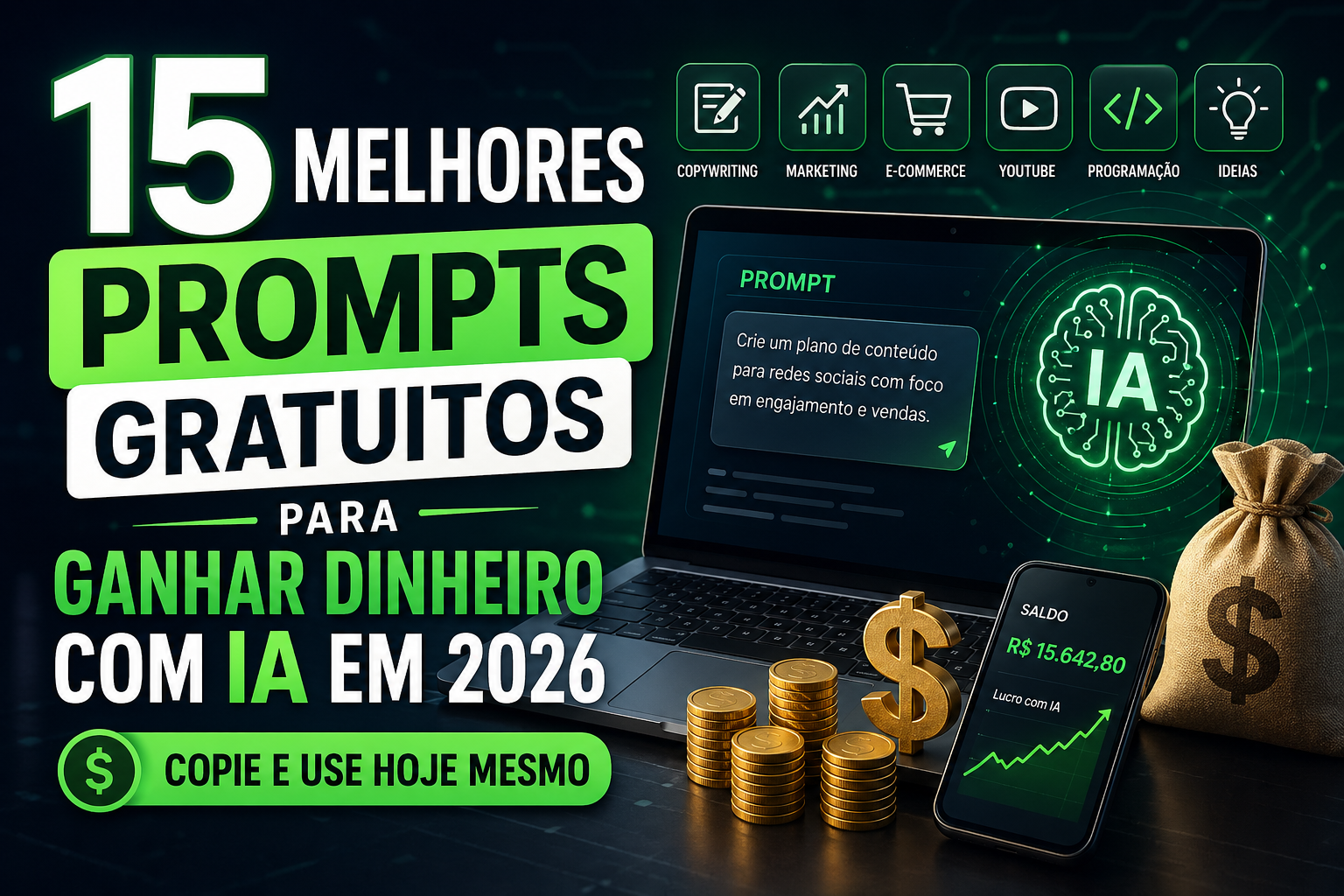 Artigo: 15 Melhores Prompts Gratuitos para Ganhar Dinheiro com IA em 2026 (Copie e Use Hoje Mesmo)